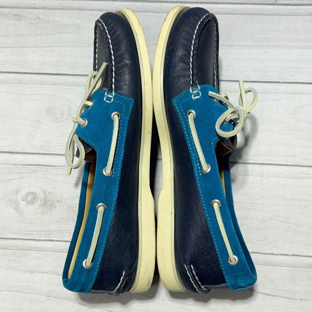 Sperry Gold Cup Boat Shoes Mens 8.5 Navy Blue Turquoise Leather Suede STS23803